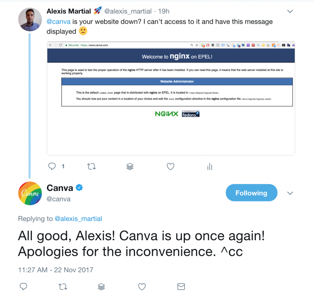 canva replying on twitter about website outage